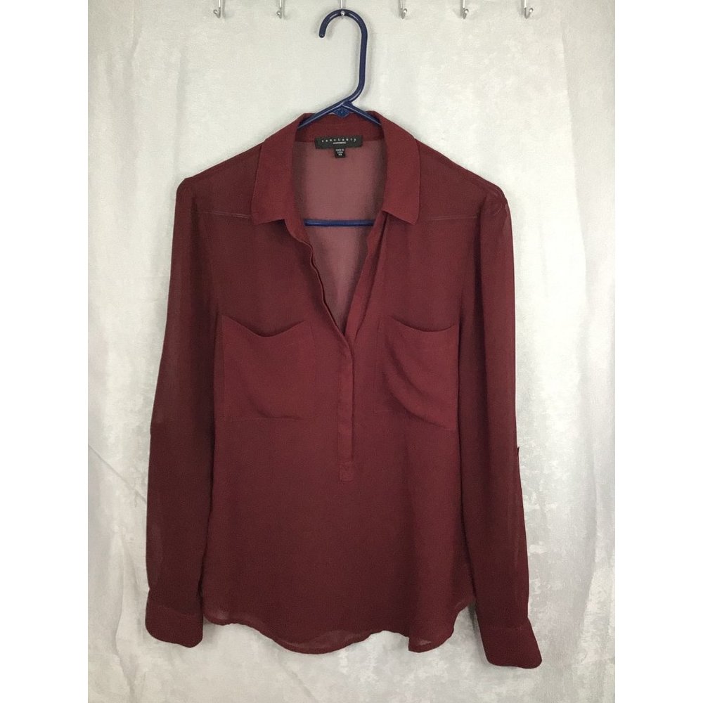 SANCTUARY WOMEN'S SHEER V-NECK TOP LONG SLEEVE XS MAROON
